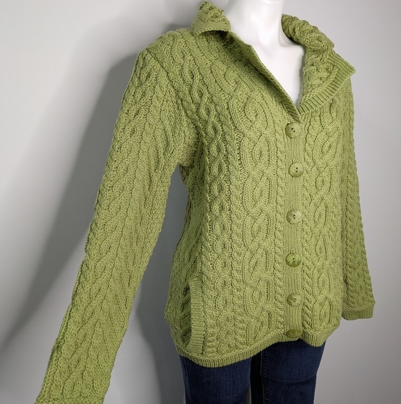 Aran Crafts green 100% merino wool cable knit button up cardigan sweater S - Picture 4 of 8